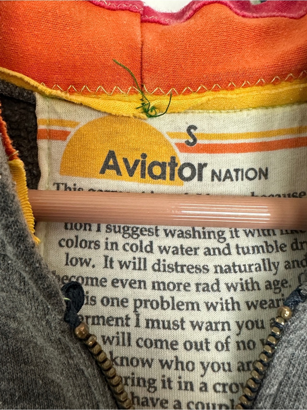 Aviator Nation Grey Zip Hoodie with Rainbow Stripe Lining and Sleeve - Picture 3 of 11